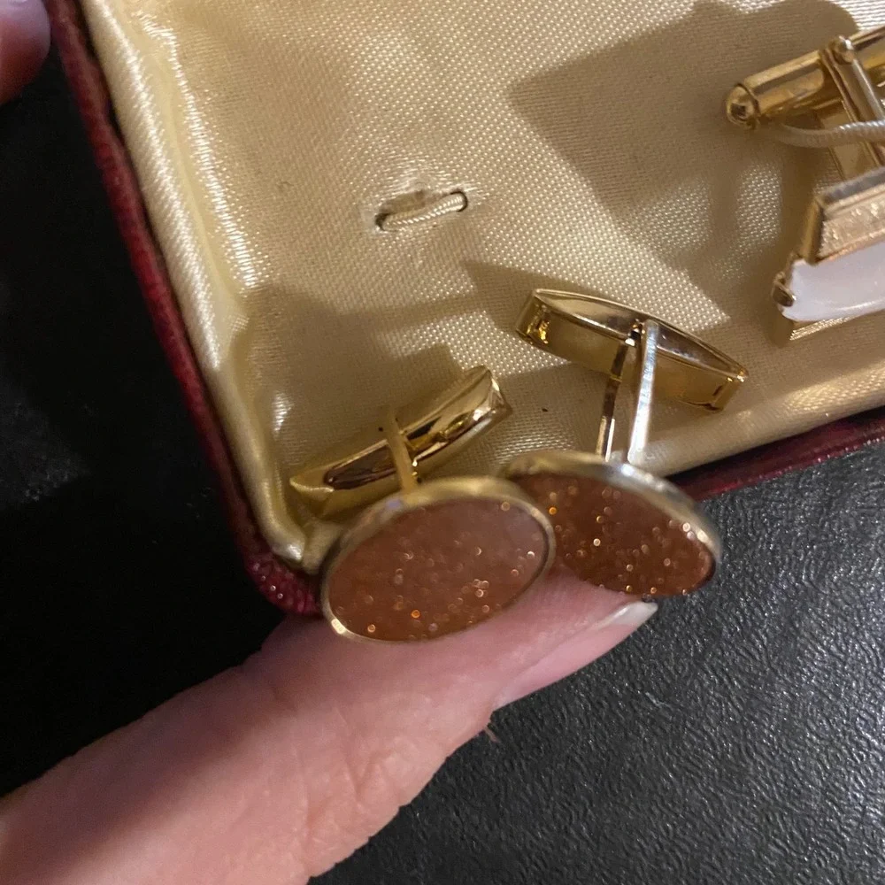 Vintage Gold Tone Oval Cufflinks Orange Shimmering Mid Century Formal
